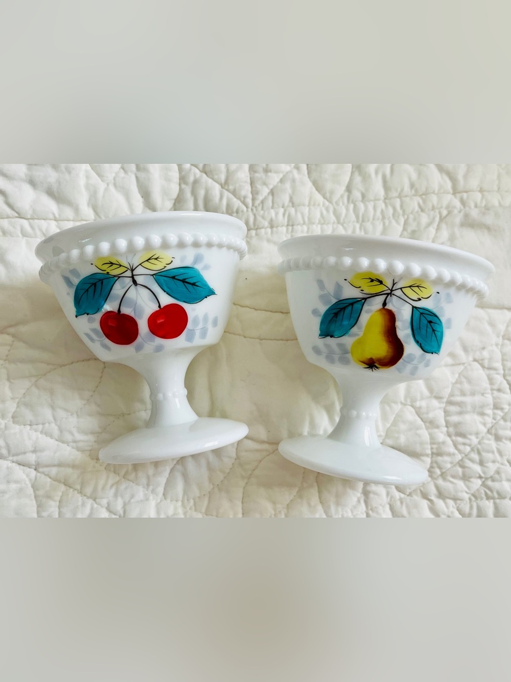 Pair of Westmoreland Beaded Edge Milk Glass Sherbet/Champagne glasses Fruit 🍒🍐